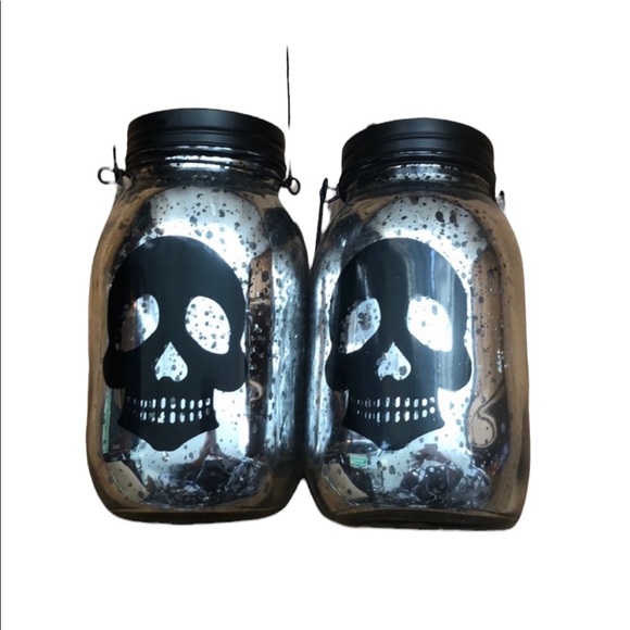 Set of two Silver and black skull jars halloween fall decor - Picture 1 of 3